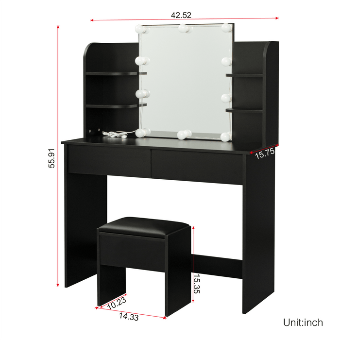 Modern Dressing table with 2 Drawers, 4 open shelves Rectangular Makeup Table with Mirror, 10-lamp bulb,,42.52*15.75* 52.76inch,for Bedroom, Black