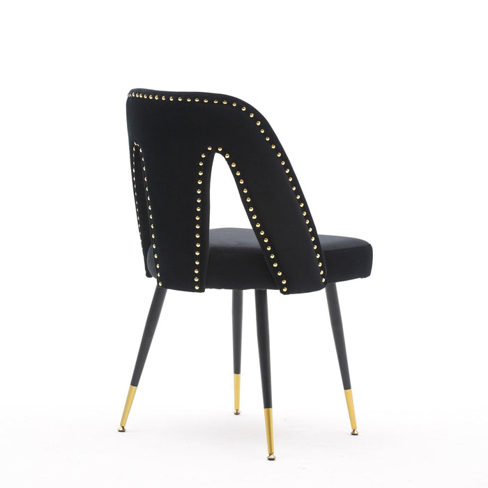 A&A Furniture,Akoya Collection Modern Contemporary Velvet Upholstered Dining Chair with Nailheads and Gold Tipped Black Metal Legs,Black,Set of 2