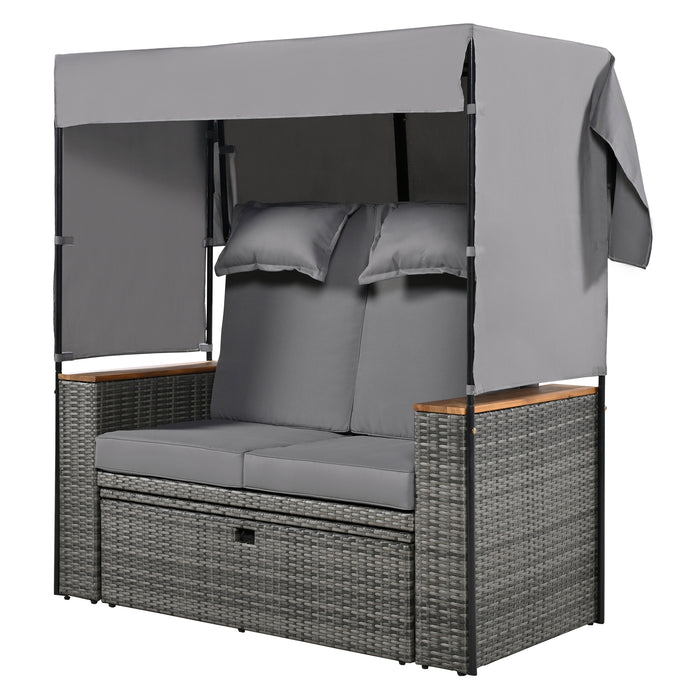 2-Piece Outdoor Rattan Daybed, Outdoor Bed with 5 Positions, Outdoor Loveseat Patio Sofa with Bench Lounge Roof Set and Cushions for Poolside, Backyard and Garden (Grey Wicker + Grey Fabric) - DTYStore