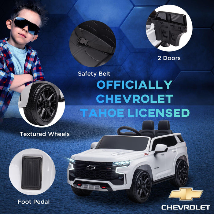 Chevrolet TAHOE Licensed Kids Ride on Car, 12V Battery Powered Kids Electric Car with Remote Control, Music, Lights, Horn, Suspension for 3-6 Years Old, White