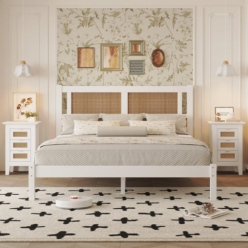 3-Pieces Bedroom Sets Queen Size Wooden Platform Bed with Natural Rattan Headboard, Nightstands Set of 2 with Rattan-Woven Surfaces and Three Drawers for Bedroom, White - DTYStore
