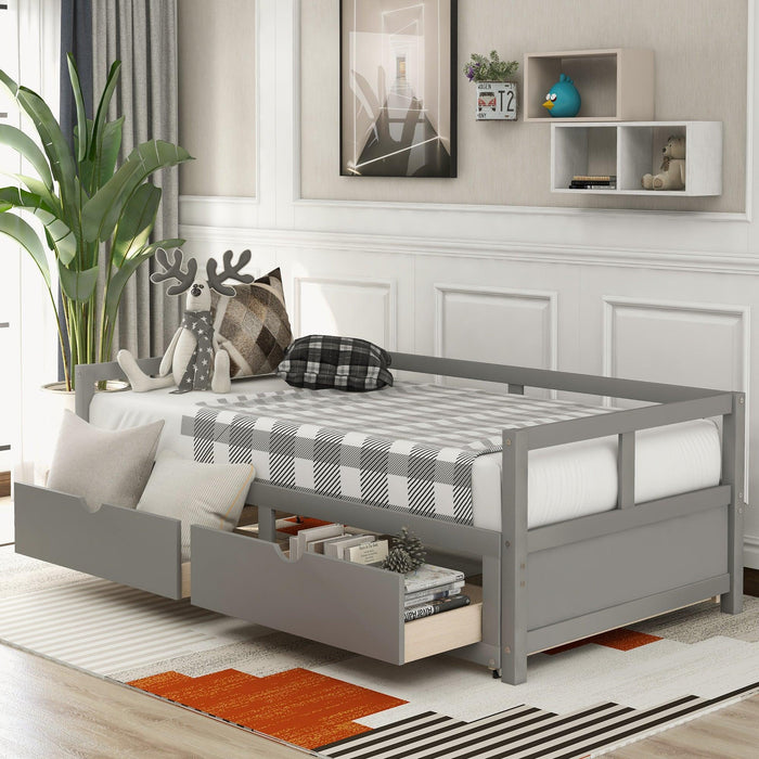 Wooden Daybed with Trundle Bed and Two Storage Drawers , Extendable Bed Daybed,Sofa Bed for Bedroom Living Room, Gray - DTYStore