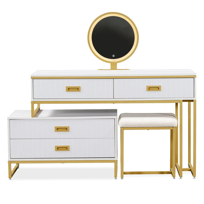 GO Modern Style Vanity Table With Movable Side Cabinet And 4-Drawers, Large Size Dressing Table With Mirror and 3-colors LED Light, Makeup Table With Stool, White, Golden Legs