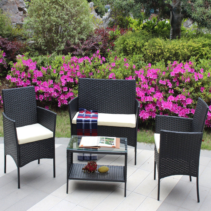 4 PC Rattan Patio Furniture Set Outdoor Patio Cushioned Seat Wicker Sofa (Beige Cushion) - DTYStore