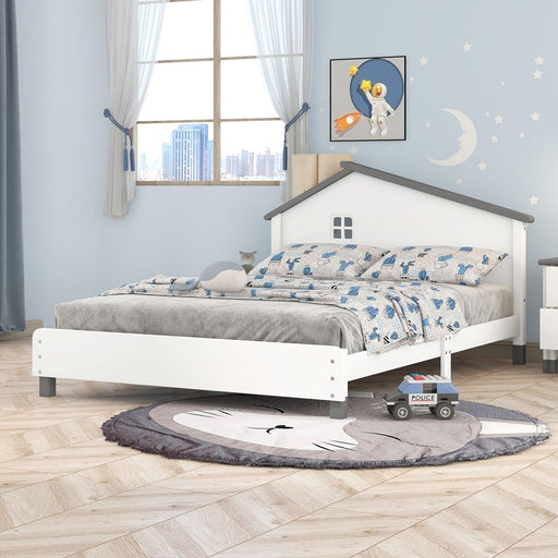 Full Size Wood Platform Bed with House-shaped Headboard (White+Gray) - DTYStore