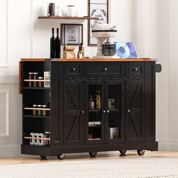 53'' Farmhouse Kitchen Island with Two Tempered Glass Cabinet Doors, Power Outlet, Rolling Kitchen Cart on Wheels with Drop Leaf, 5 Open Side Racks, 3 Drawers, for Kitchen, Dining Room, Black - DTYStore