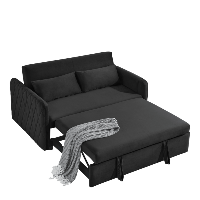 55" Modern Convertible Sofa Bed with 2 Detachable Arm Pockets, Velvet Loveseat Sofa with Pull Out Bed, 2 Pillows and Living Room Adjustable Backrest, Grid Design Armrests