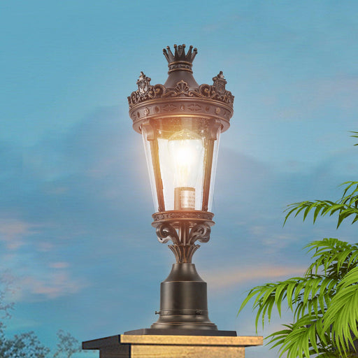 Vintage Crown Outdoor Post Lantern, Waterproof Decorative Table Lamp with Clear Glass Shade and Antique Metal Base for Garden, Patio, Porch, Pathway Lighting (One piece&No bulb) - DTYStore