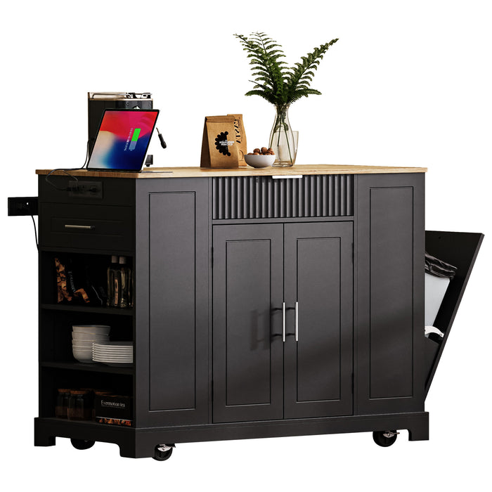 Fluted Kitchen Island with Trash Can Storage Cabinet, Power Outlet, Internal Storage Rack, Rolling Kitchen Islands on 5 Wheels with 3 Drawer, 3 Open Side Racks for 10 Gallon Garbage Bin, Black - DTYStore