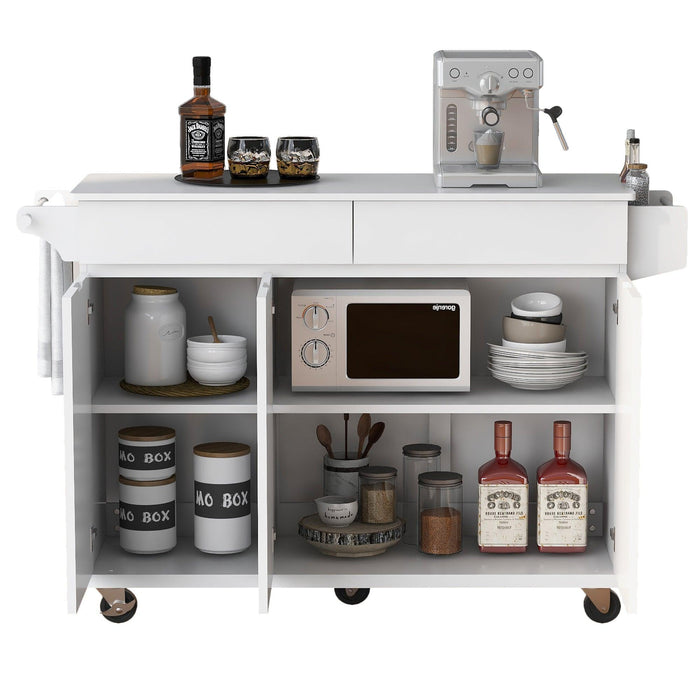 K&K 53.2'' Kitchen Island with Drop Leaf, Kitchen Storage Cart with Spice Rack, Towel Rack and 2 Drawers, Rolling Kitchen Island on Wheels with Adjustable Shelves for Kitchen, Dining Room, White