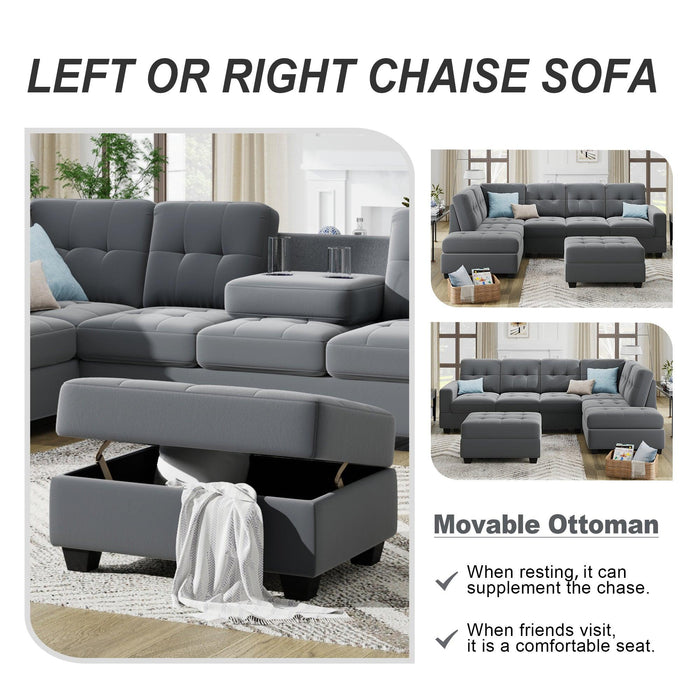 Orisfur. Sectional Sofa with Reversible Chaise Lounge, L-Shaped Couch with Storage Ottoman and Cup Holders