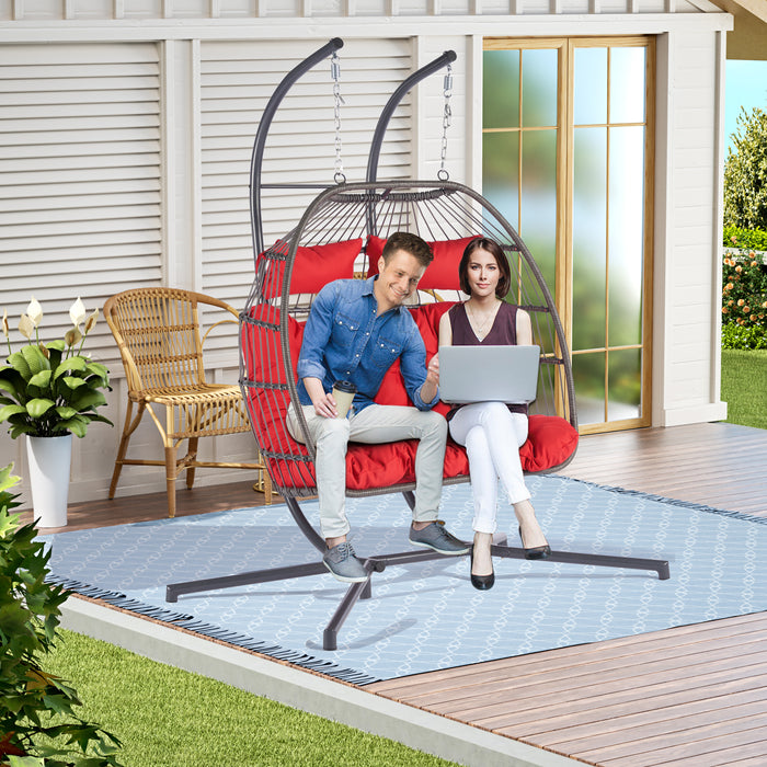 2 Person Outdoor Rattan Hanging Chair Patio Wicker Egg Chair - DTYStore