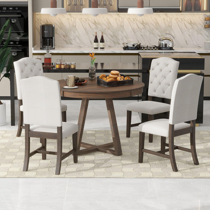 5-Piece Retro Functional Dining Set, Round Table with 16"W Leaf and 4 Upholstered Chairs