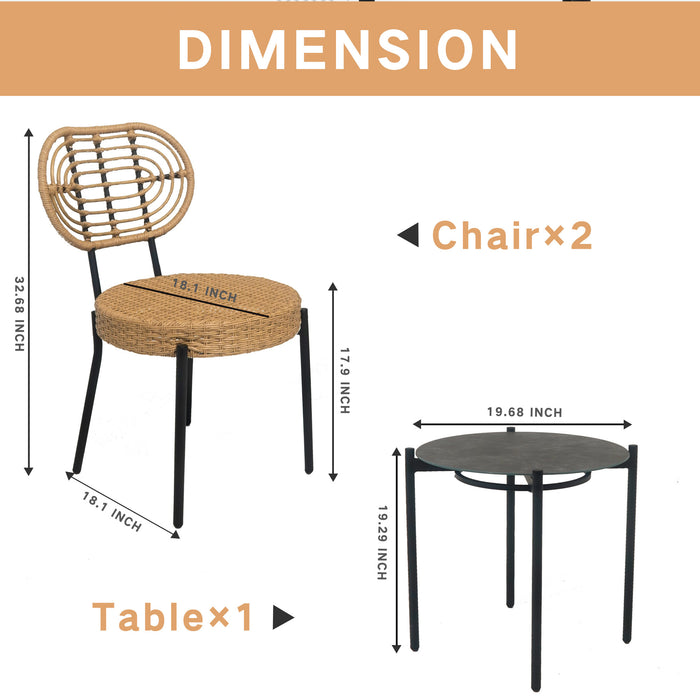 3 Pieces Of Luxury Outdoor Wicker Furniture - Patio Bistro Style Table And Chair Combination,Weather-resistant PE Wicker Weave, Stainless Steel Fame, Suitable For Garden, Terrace,Backyard Casua - DTYStore