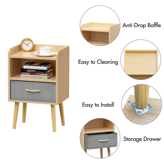 2PC Nightstand With Collapsible Fabric Drawer, 2-Tier Storage End Table, Wood Side Table with Storage Cabinet for Bedroom, Living Room - Oak - DTYStore