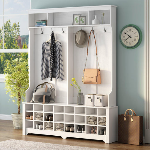 Modern Style Multiple Functions Hallway Coat Rack with Metal Black Hooks, Entryway Bench 60" Wide Hall Tree with Ample Storage Space and 24 Shoe Cubbies , White ( OLD SKU: WF286983AAK ) - DTYStore