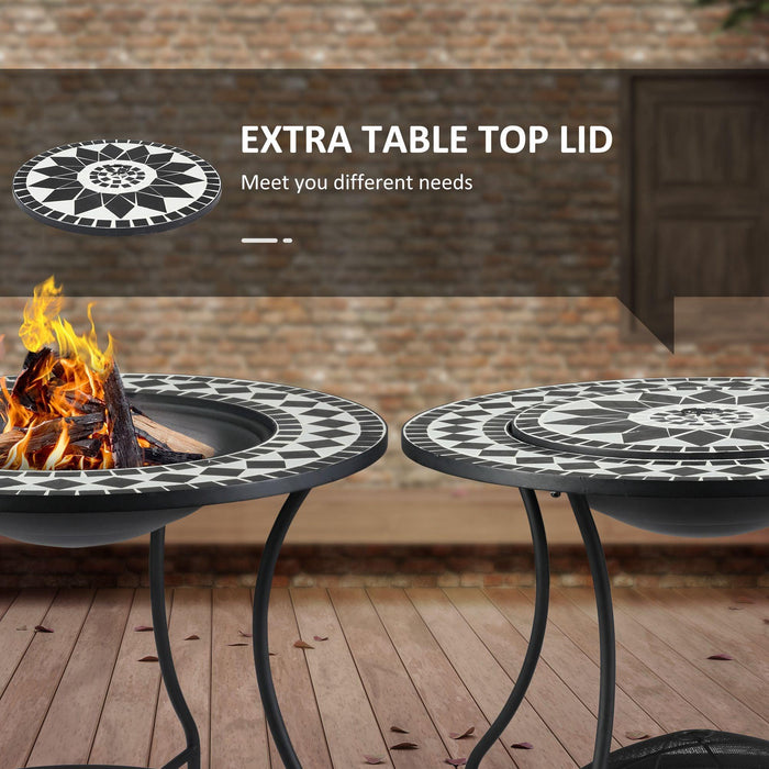 30" Outdoor Fire Pit Dining Table, 3-in-1 Round Wood Burning Fire Pit Bowl, Patio Ice Bucket with Storage Shelf, Spark Screen Cover for BBQ, Bonfire, Camping, Mosaic