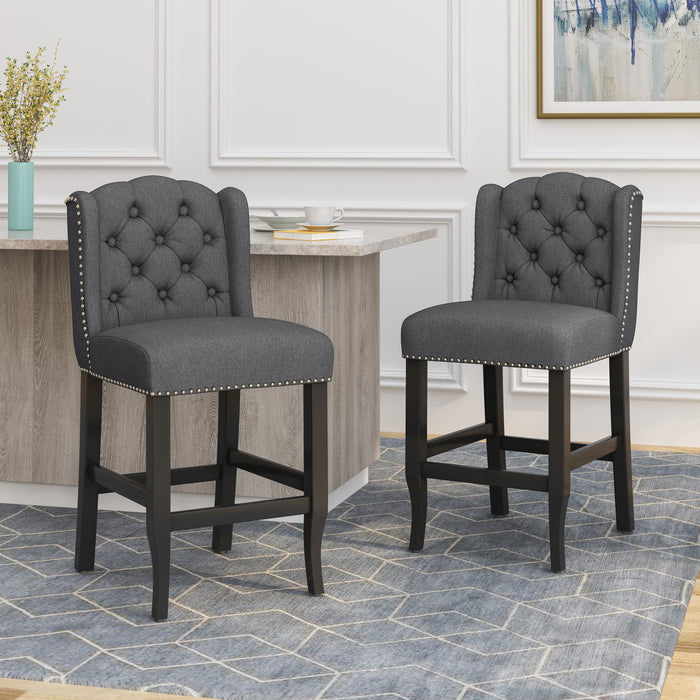 Vienna Contemporary Fabric Tufted Wingback 27 Inch Counter Stools, Set of 2, Charcoal and Dark Brown - DTYStore