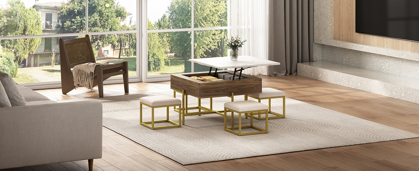 Modern Square Lift-Top Coffee Table Set with Storage & 4 Ottomans White & Walnut - DTYStore