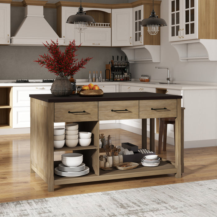 Extendable Kitchen Island with Storage, Multi-Functional Kitchen Cart with Built-In Power Outlets, Retro Kitchen Island on Wheels with Drawers and Open Shelves for Kitchen (Espresso+Natural) - DTYStore