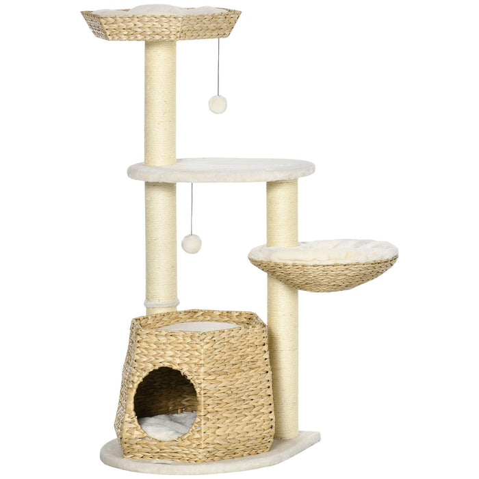 47" Cat Tree Kitty Activity Center, Cat Climbing Toy with Cattail Fluff, Bed, Condo, Sisal Scratching Post, and Hanging Ball, Natural