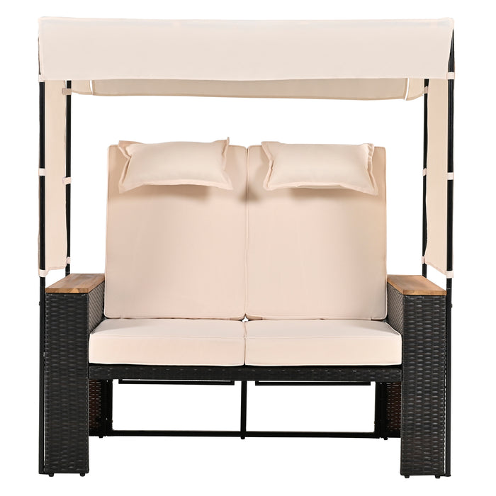2-Piece Outdoor Rattan Daybed, Outdoor Bed with 5 Positions, Outdoor Loveseat Patio Sofa with Bench Lounge Roof Set and Cushions for Poolside, Backyard and Garden (Brown Wicker + Beige Fabric) - DTYStore