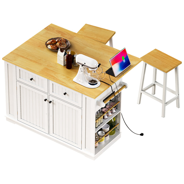 48inch Large Kitchen Island with 2 Bar Stools, Power Outlet, Door Internal Storage Rack, Kitchen Storage Cart on 5 Wheels with Drop Leaf, 5 Open Side Racks, 2 Drawers,for Kitchen,Dining Room,White - DTYStore