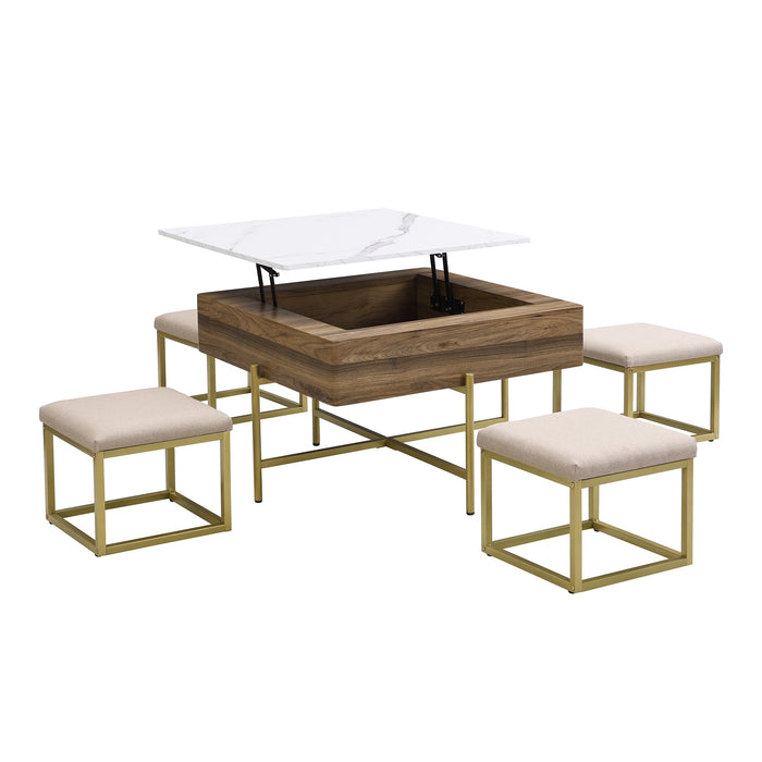 Modern Square Lift-Top Coffee Table Set with Storage & 4 Ottomans White & Walnut - DTYStore