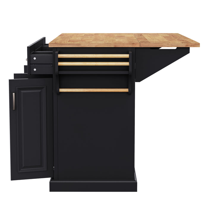 54inch Large Kitchen Island with Rubber Wood Drop Leaf, Embossed Texture Rolling Kitchen Cart on 4 Wheels with 4 Doors and 3 Drawers, Kitchen Island with Storage for Kitchen, Dining Room,Black - DTYStore