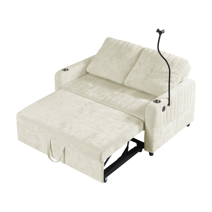 53.9" Modern Loveseat Pull-out Sofa Bed with Adjustable Backrest, Two Cup Holders , a Phone Holder, Three Charging Ports and Side Storage Pockets for Living Room, Beige