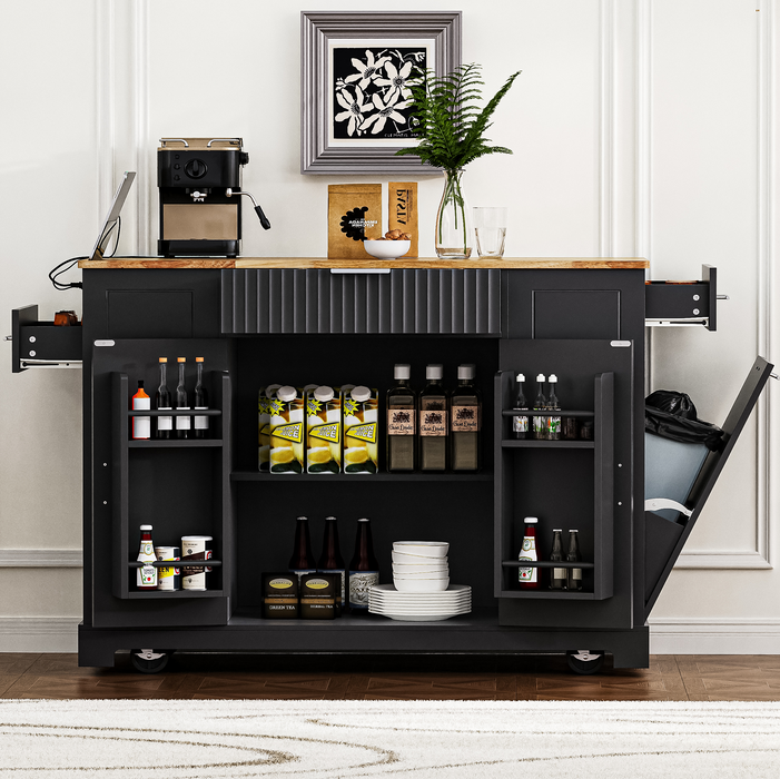 Fluted Kitchen Island with Trash Can Storage Cabinet, Power Outlet, Internal Storage Rack, Rolling Kitchen Islands on 5 Wheels with 3 Drawer, 3 Open Side Racks for 10 Gallon Garbage Bin, Black - DTYStore