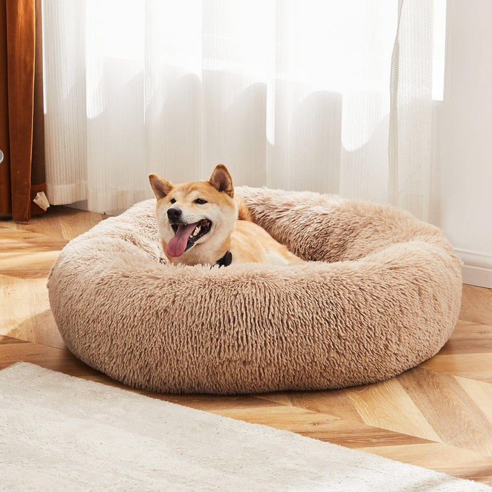 Anti-Slip Round Fluffy Plush Faux Fur Cat Bed, Small Brown