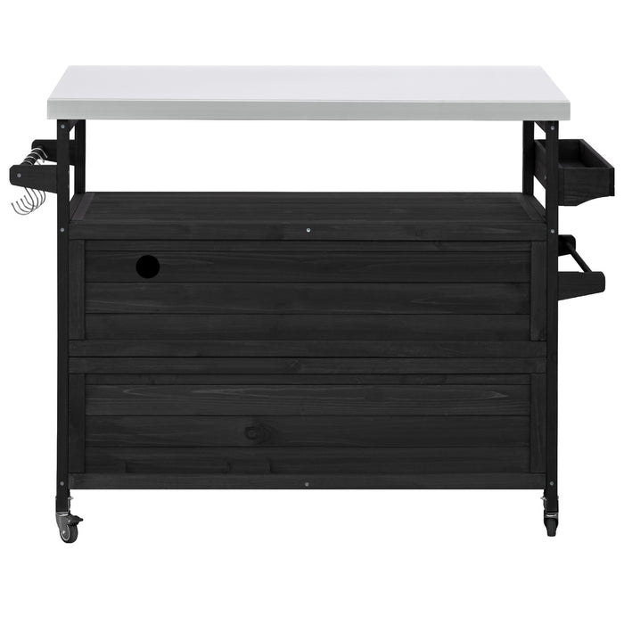 Outdoor Kitchen Island, Rolling Bar Cart & Storage Cabinet, Farmhouse Solid Wood Outdoor Grill Table with Stainless Steel Top, Spice Rack , Towel Rack for Kitchen & Barbecue, Black - DTYStore