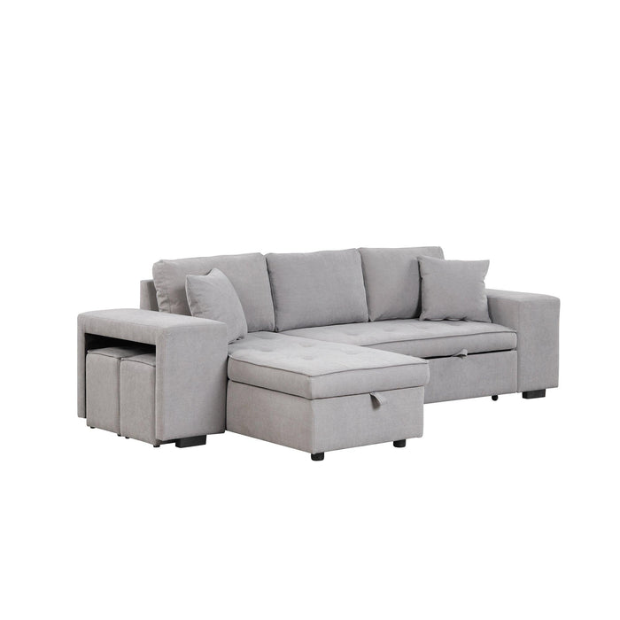 104.5" Pull Out Sleeper Sofa Reversible L-Shape 3 Seat Sectional Couch with Storage Chaise and 2 Stools for Living Room Furniture Set,Gray