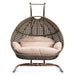Brown Wicker Hanging Double-Seat Swing Chair with Stand w/Beige Cushion - DTYStore