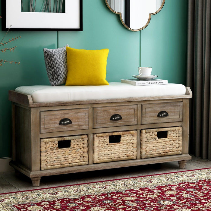 Rustic Storage Bench with 3 Drawers and 3 Rattan Baskets, Shoe Bench for Living Room, Entryway White Washed