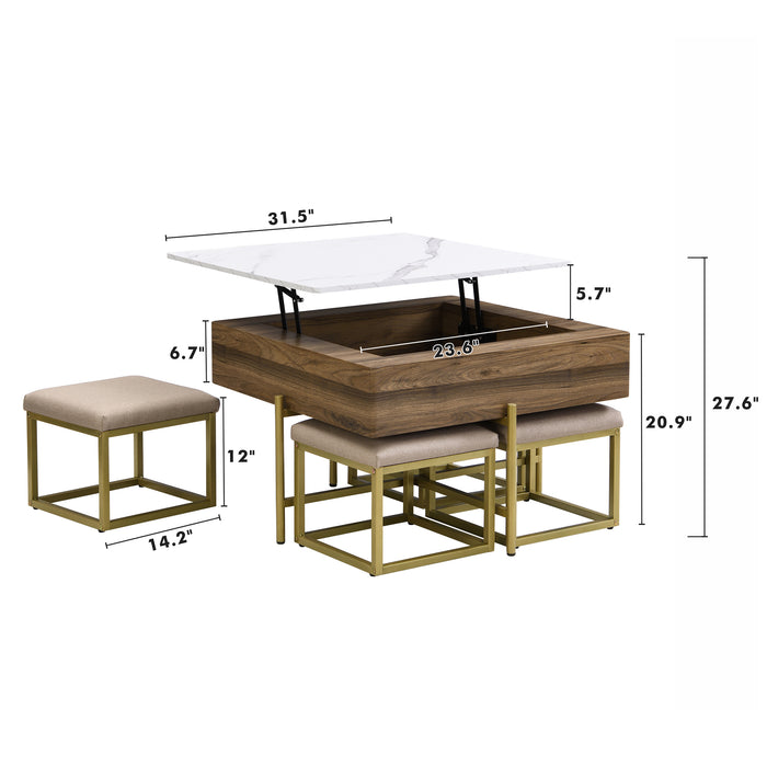 Modern Square Lift-Top Coffee Table Set with Storage & 4 Ottomans White & Walnut - DTYStore