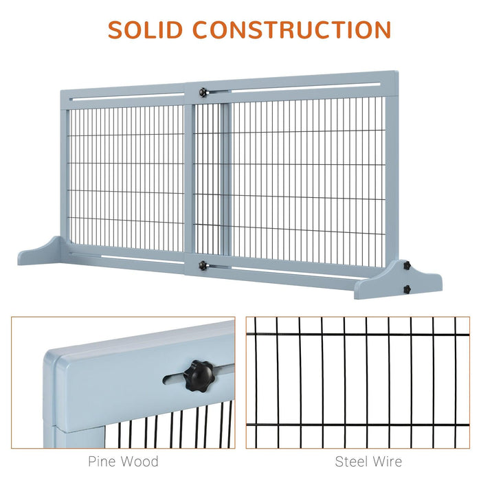 72" W x 27.25" H Extra Wide Freestanding Pet Gate with Adjustable Length Dog, Cat, Barrier for House, Doorway, Hallway, Blue-grey