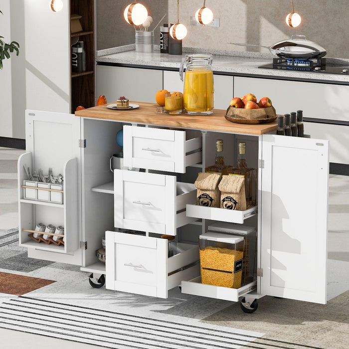 K&K Rolling Kitchen Island with Storage, Kitchen Cart with Rubber Wood Top, 3 Drawer, 2 Slide-Out Shelf and Internal Storage Rack, Kitchen Island on Wheels with Spice Rack & Tower Rack, White