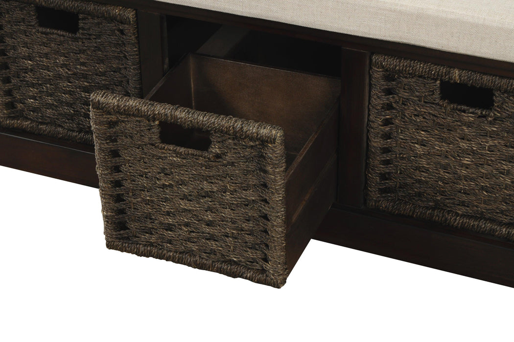 TREXM Rustic Storage Bench with 3 Removable Classic Rattan Basket , Entryway Bench with Removable Cushion (Espresso)