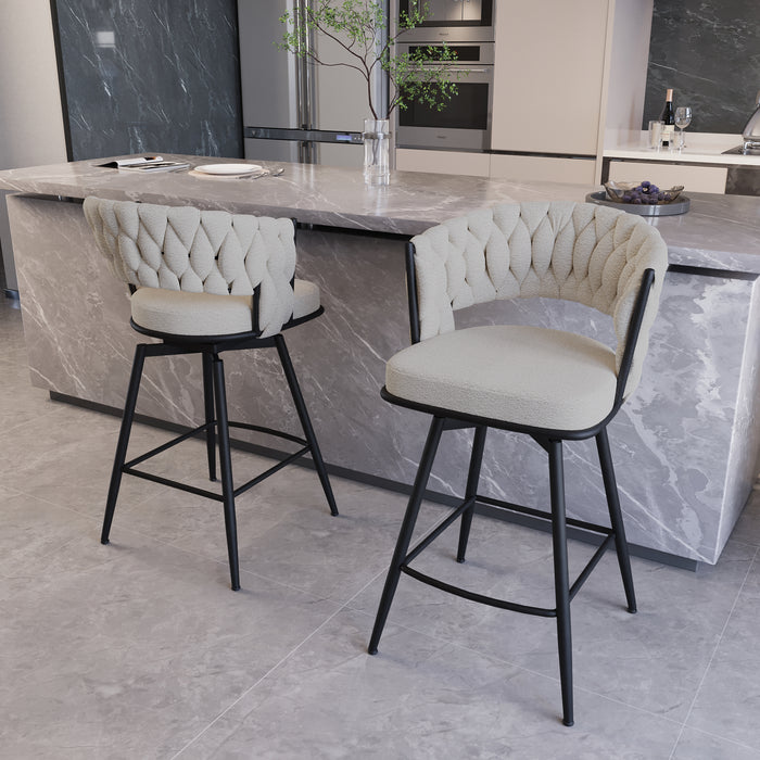 26' Bar Chair Linen Woven Bar Stool Set of 2,Black legs Barstools No Adjustable Kitchen Island Chairs,360 Swivel Bar Stools Upholstered Bar Chair Counter Stool Arm Chairs with Back Footrest (White) - DTYStore