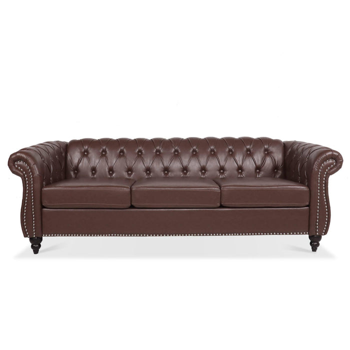 84.65" Dark Brown PU Rolled Arm Chesterfield Three Seater Sofa.