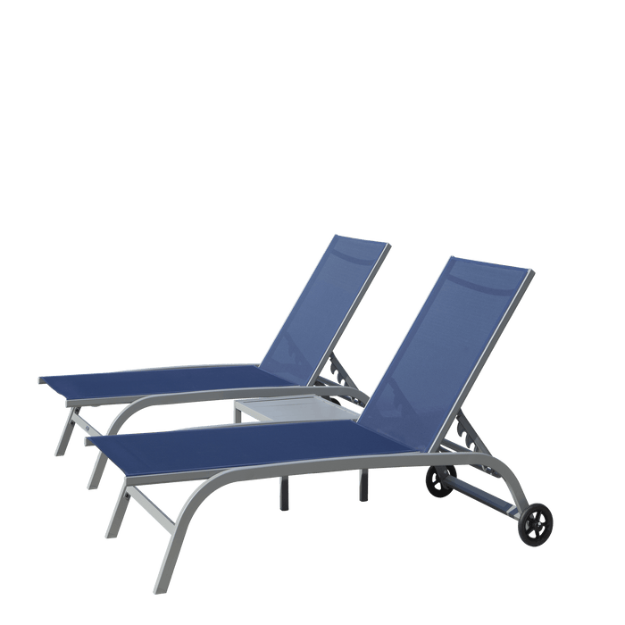 Chaise Lounge Outdoor Set of 3, Lounge Chairs for Outside with Wheels, Outdoor Lounge Chairs with 5 Adjustable Position, Pool Lounge Chairs for Patio, Beach(Blue, 2 Lounge Chairs+1 Table)