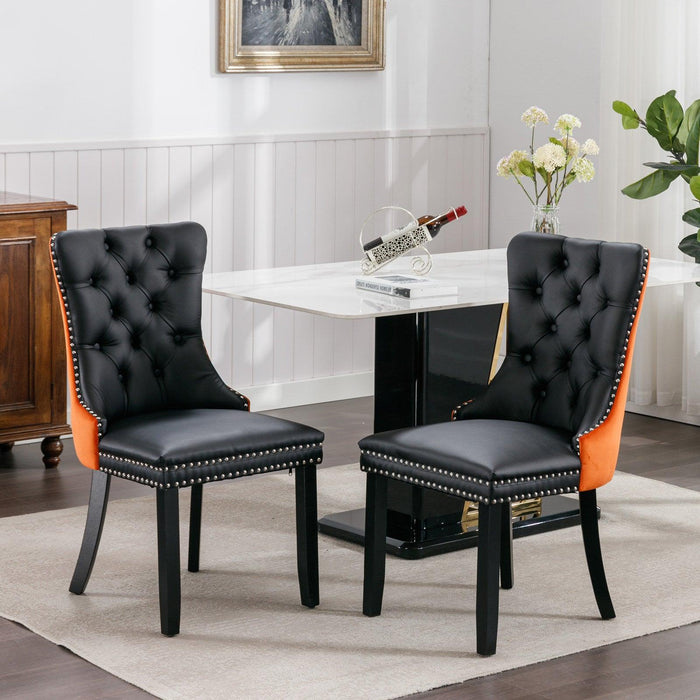 A&A Furniture,Nikki Collection Modern, High-end Tufted Solid Wood Contemporary PU and Velvet Upholstered Dining Chair with Wood Legs Nailhead Trim 2-Pcs Set，Black+Orange