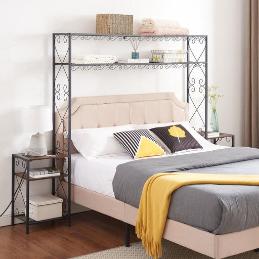 Queen Bed Frame with 2 Nightstands Headboards with Storage Cabinet, Headboard with Shelves, Bookcase Headboard Queen Easy Assembly for Bedroom Iron and Wood Rustic Brown - DTYStore