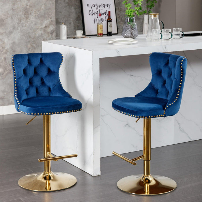 A&A Furniture,Golden Swivel Velvet Barstools Adjusatble Seat Height from 25-33 Inch, Modern Upholstered Bar Stools with Backs Comfortable Tufted for Home Pub and Kitchen Island,Blue,Set of 2