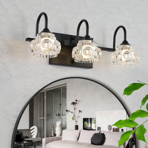 Retro 3-Light Bathroom Vanity Light Fixture - Black Finish with Crystal Glass Shades, Wall Mounted Lighting for Bathroom, Powder Room, and Vanity Mirror (No Bulbs) - DTYStore