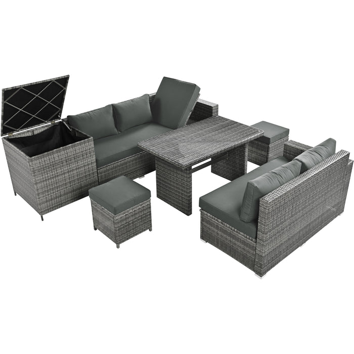 Outdoor 6-Piece All Weather PE Rattan Sofa Set, Garden Patio Wicker Sectional Furniture Set with Adjustable Seat, Storage Box, Removable Covers and Tempered Glass Top Table,Grey - DTYStore