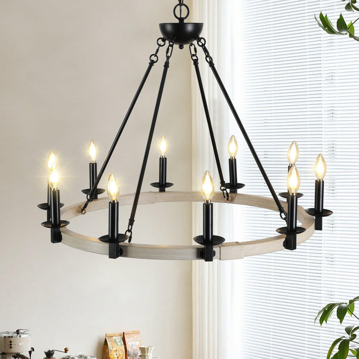 Rustic Farmhouse 10-Light Candle Chandelier, Black Metal and Wood Round Hanging Light Fixture for Dining Room, Kitchen, Living Room, Adjustable Height, E12 Bulb Base (No Bulbs)