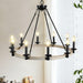 Rustic Farmhouse 10-Light Candle Chandelier, Black Metal and Wood Round Hanging Light Fixture for Dining Room, Kitchen, Living Room, Adjustable Height, E12 Bulb Base (No Bulbs)